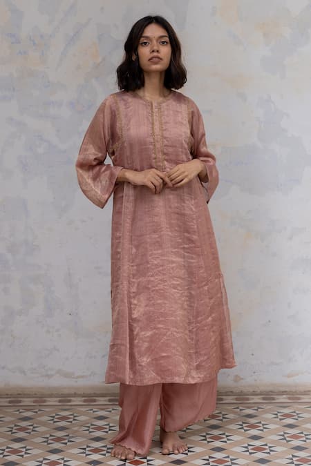 Nirjara Pink Kurta - Handwoven Tissue, Pant- Marodi Hazrat Striped And Set