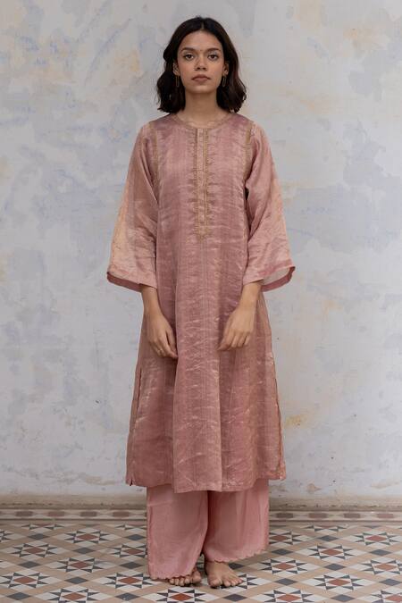 Nirjara Pink Kurta - Handwoven Tissue, Pant- Marodi Hazrat Striped And Set Online at Aza Fashions Nirjara_Pink Kurta - Handwoven Tissue, Pant- Marodi Hazrat Striped And Set _Online_at_Aza_Fashions
