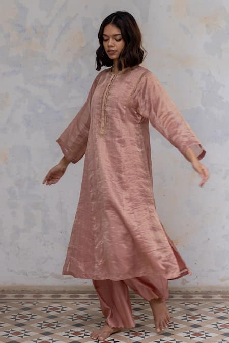Buy Nirjara Pink Kurta - Handwoven Tissue, Pant- Marodi Hazrat Striped And Set Online at Aza Fashions Buy_Nirjara_Pink Kurta - Handwoven Tissue, Pant- Marodi Hazrat Striped And Set _Online_at_Aza_Fashions