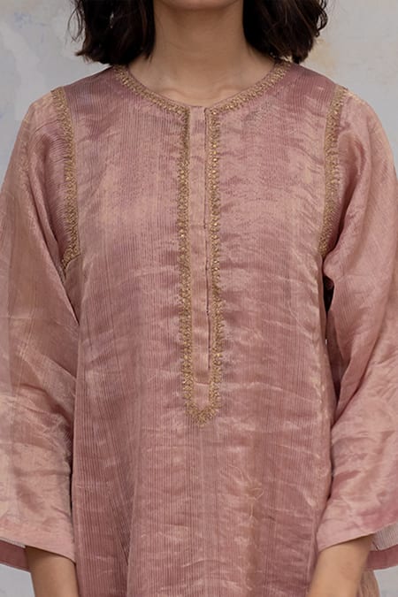 Shop Nirjara Pink Kurta - Handwoven Tissue, Pant- Marodi Hazrat Striped And Set Online at Aza Fashions Shop_Nirjara_Pink Kurta - Handwoven Tissue, Pant- Marodi Hazrat Striped And Set _Online_at_Aza_Fashions