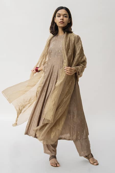 Buy_Nirjara_Brown Banarasi Silk Floral High Neck Tara Hand Woven Anarkali And Pant Set_Online_at_Aza_Fashions