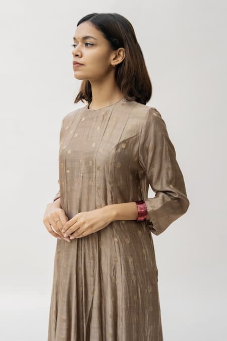 Shop_Nirjara_Brown Banarasi Silk Floral High Neck Tara Hand Woven Anarkali And Pant Set_Online_at_Aza_Fashions