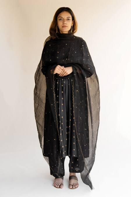 Buy_Nirjara_Black Banarasi Silk Floral High Neck Tara Hand Woven Anarkali And Pant Set_Online_at_Aza_Fashions