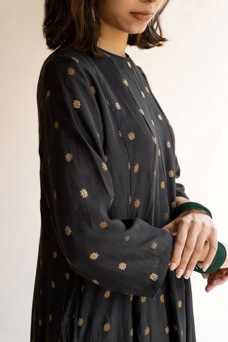 Shop_Nirjara_Black Banarasi Silk Floral High Neck Tara Hand Woven Anarkali And Pant Set_Online_at_Aza_Fashions