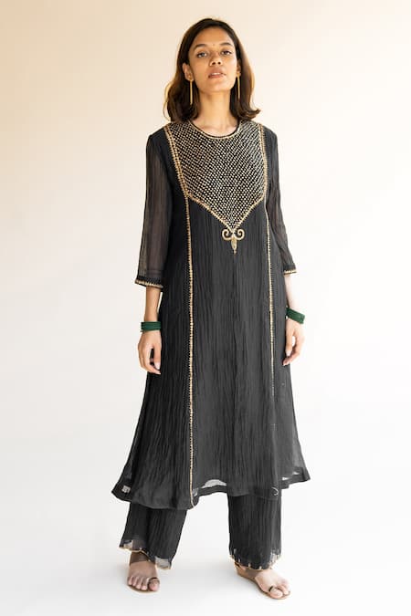 Nirjara_Black Chanderi Cotton Nakshi Peeta, Sitara Work Firdaus Abha Kurta And Palazzo Set_Online_at_Aza_Fashions