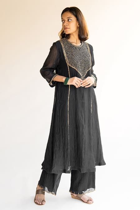 Buy_Nirjara_Black Chanderi Cotton Nakshi Peeta, Sitara Work Firdaus Abha Kurta And Palazzo Set_Online_at_Aza_Fashions