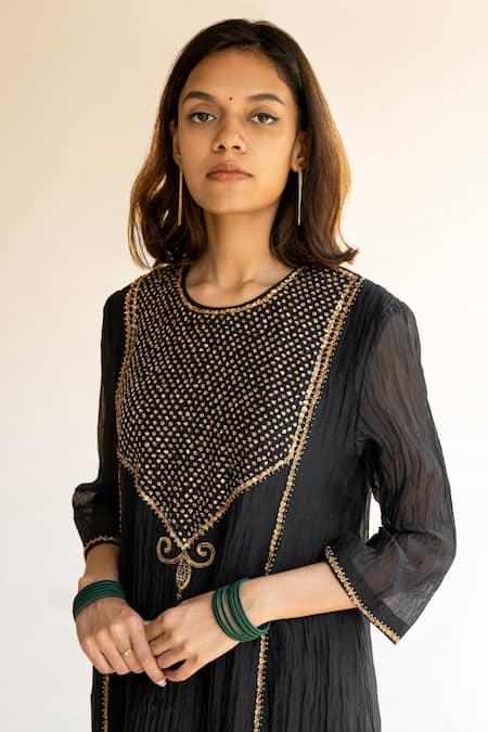 Shop_Nirjara_Black Chanderi Cotton Nakshi Peeta, Sitara Work Firdaus Abha Kurta And Palazzo Set_Online_at_Aza_Fashions