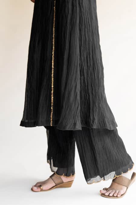 Nirjara_Black Chanderi Cotton Nakshi Peeta, Sitara Work Firdaus Abha Kurta And Palazzo Set_at_Aza_Fashions