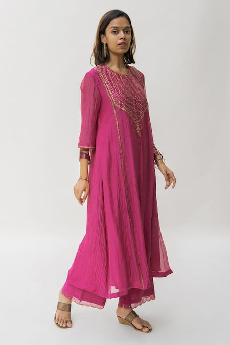 Nirjara Pink Chanderi Cotton Nakshi Peeta, Sitara Work Firdaus Abha Kurta And Palazzo Set 