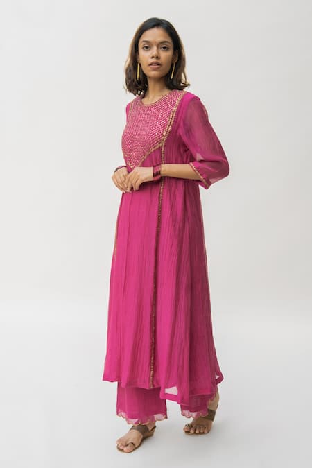 Nirjara_Pink Chanderi Cotton Nakshi Peeta, Sitara Work Firdaus Abha Kurta And Palazzo Set _Online_at_Aza_Fashions