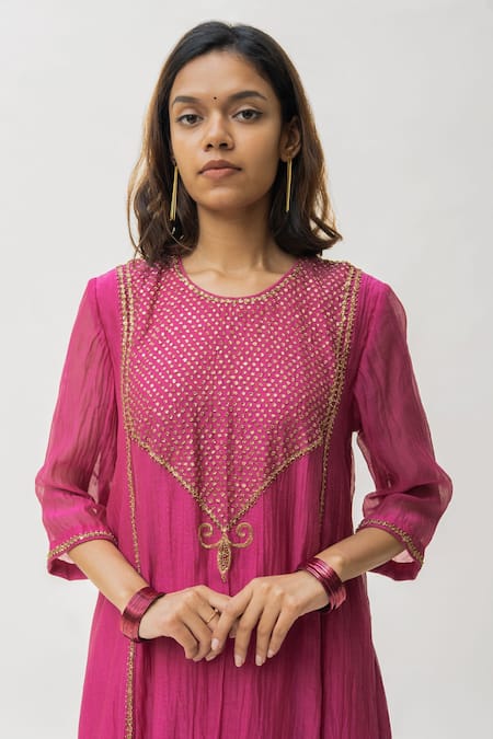 Buy_Nirjara_Pink Chanderi Cotton Nakshi Peeta, Sitara Work Firdaus Abha Kurta And Palazzo Set _Online_at_Aza_Fashions