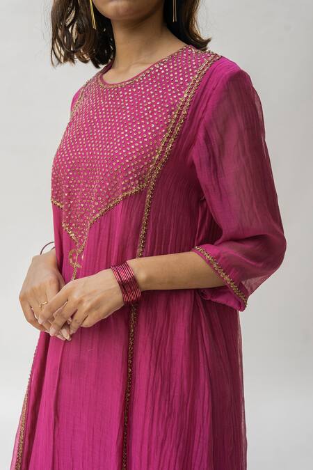 Shop_Nirjara_Pink Chanderi Cotton Nakshi Peeta, Sitara Work Firdaus Abha Kurta And Palazzo Set _Online_at_Aza_Fashions
