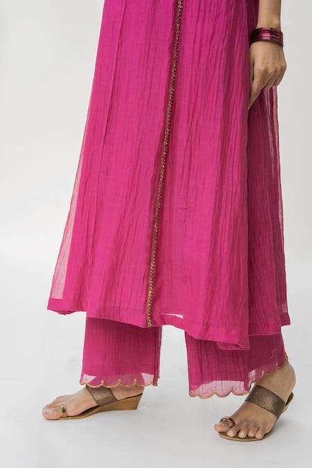 Nirjara_Pink Chanderi Cotton Nakshi Peeta, Sitara Work Firdaus Abha Kurta And Palazzo Set _at_Aza_Fashions