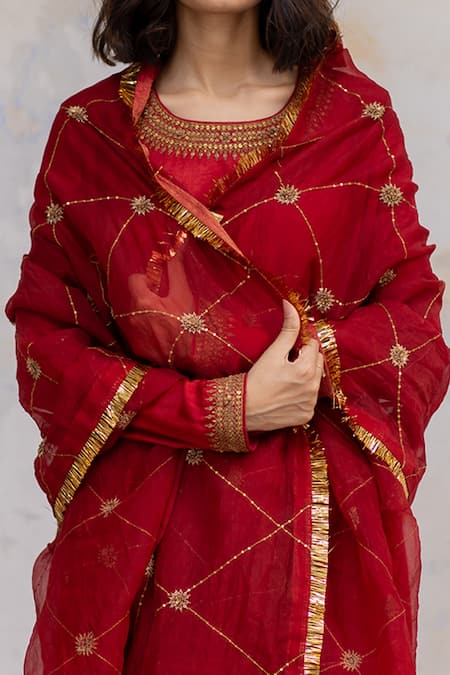 Shop Nirjara Red Organza Silk Aari Embroidery, Tikki, Zardosi Hamida Jaal Dupatta Online at Aza Fashions Shop_Nirjara_Red Organza Silk Aari Embroidery, Tikki, Zardosi Hamida Jaal Dupatta _Online_at_Aza_Fashions