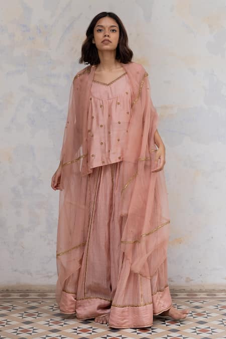 Nirjara Pink Organza Silk Embroidered Pita Gauhar Dupatta  