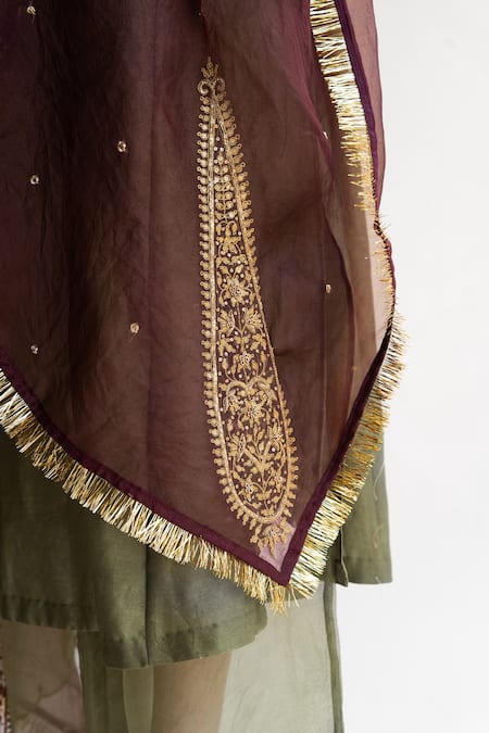 Buy_Nirjara_Maroon Organza Silk Aari Work, Kiran Work, Peeta Dots Ambi Sitara Dupatta_Online_at_Aza_Fashions