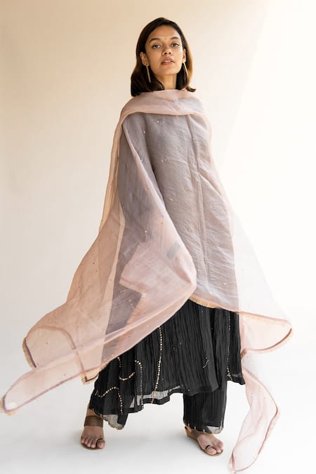 Nirjara_Pink Organza Silk Kiran Work, Peeta Dots Sitara Dupatta_Online_at_Aza_Fashions