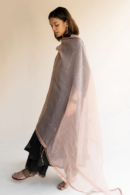 Buy_Nirjara_Pink Organza Silk Kiran Work, Peeta Dots Sitara Dupatta_Online_at_Aza_Fashions