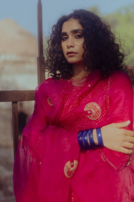 Shop_Nirjara_Pink Organza Silk Aari Work, Nakshi Peeta Chand Embroidered Dupatta_Online_at_Aza_Fashions