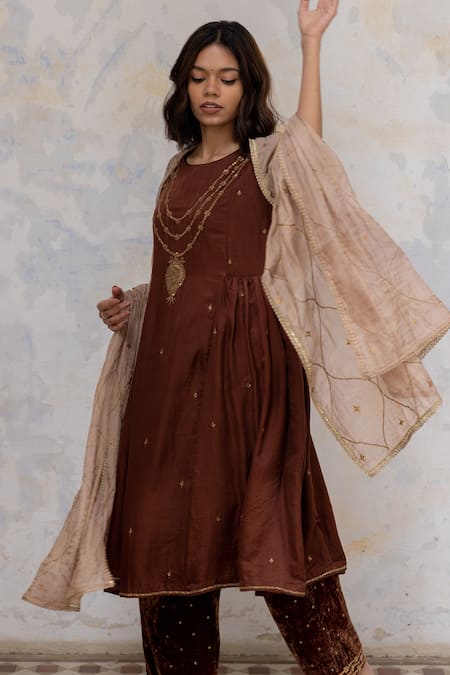 Buy_Nirjara_Brown Anarkali - Mashru , Pant - Velvet Marodi Mumtaz Peshwaz And Set _Online_at_Aza_Fashions