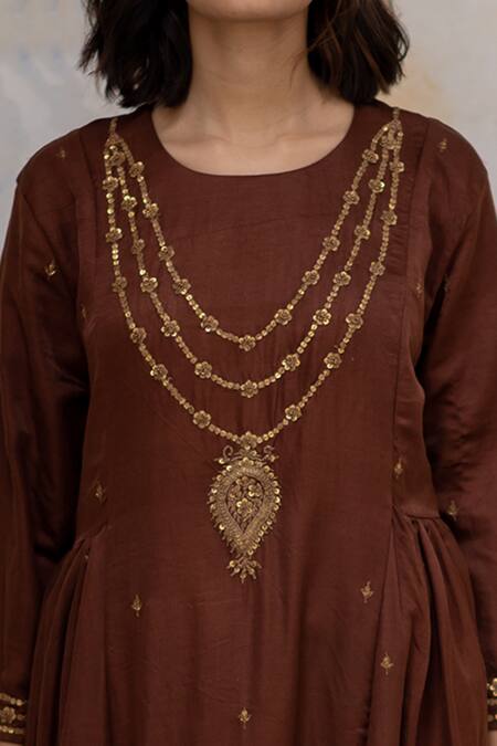 Shop_Nirjara_Brown Anarkali - Mashru , Pant - Velvet Marodi Mumtaz Peshwaz And Set _Online_at_Aza_Fashions