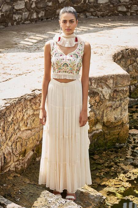 Disha Muchhala White Silk Embroidered Crop Top And Sharara Set