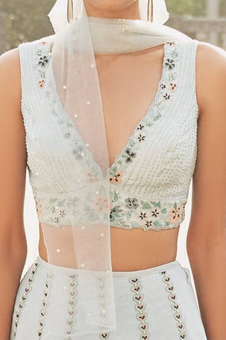 Shop Disha Muchhala Blue Silk, Net, Georgette V Neck Embellished Skirt Set at Aza Fashions Shop_Disha Muchhala_Blue Silk, Net, Georgette V Neck Embellished Skirt Set_at_Aza_Fashions