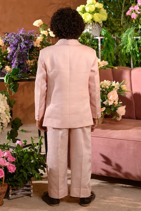 Shop_Littleens_Pink Velvet, Poplin Embroidery Sadira Blazer And Pant Set _at_Aza_Fashions