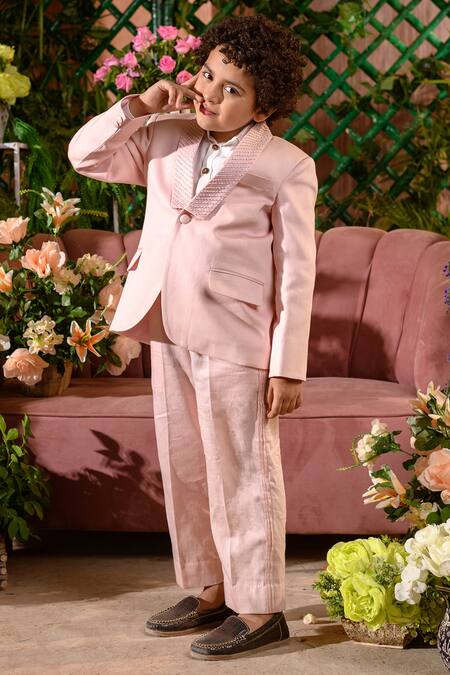 Shop_Littleens_Pink Velvet, Poplin Embroidery Sadira Blazer And Pant Set _Online_at_Aza_Fashions