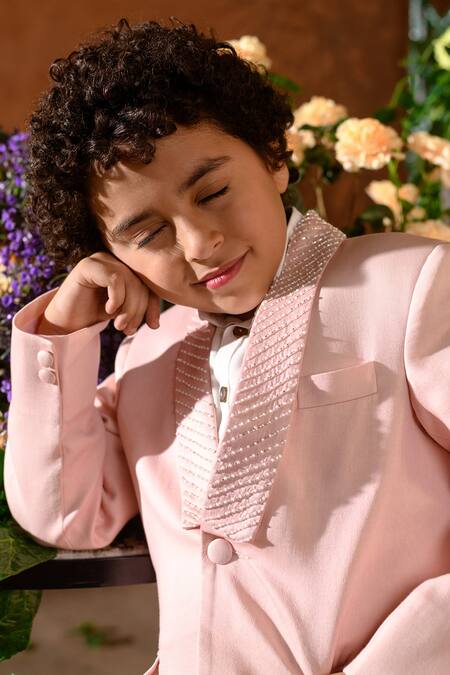 Littleens_Pink Velvet, Poplin Embroidery Sadira Blazer And Pant Set _at_Aza_Fashions
