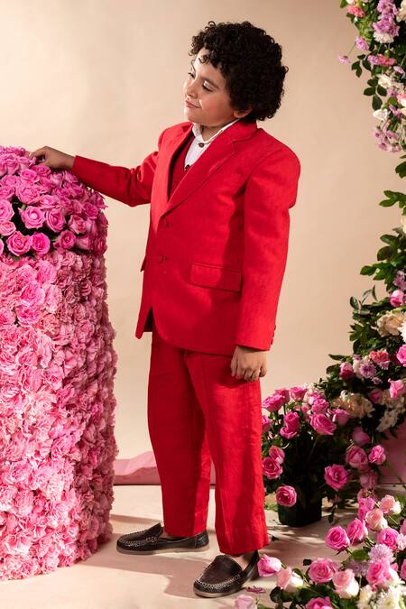 Littleens Red Velvet, Cotton Idum Blazer And Pant Set Online at Aza Fashions Littleens_Red Velvet, Cotton Idum Blazer And Pant Set _Online_at_Aza_Fashions