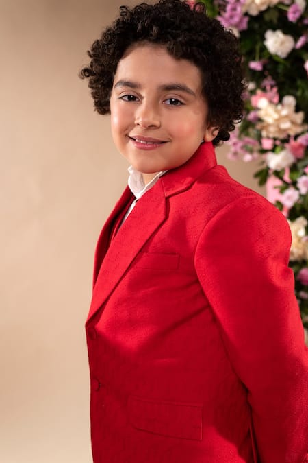 Shop Littleens Red Velvet, Cotton Idum Blazer And Pant Set Online at Aza Fashions Shop_Littleens_Red Velvet, Cotton Idum Blazer And Pant Set _Online_at_Aza_Fashions