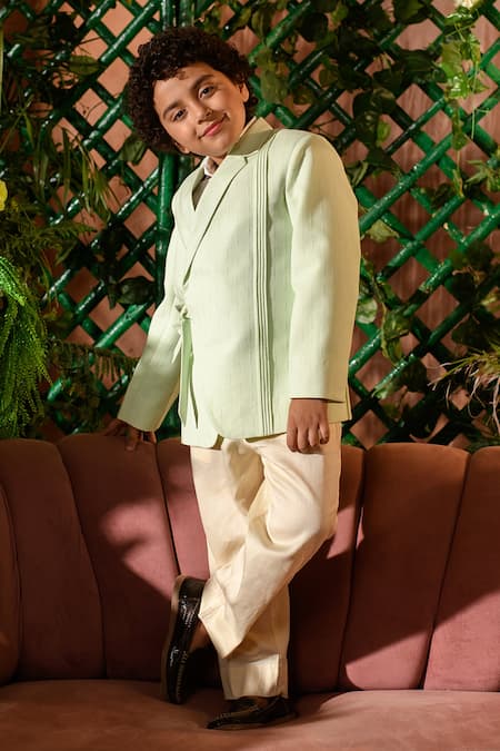 Littleens_Green Velour, Cotton Afna Blazer And Pant Set _Online_at_Aza_Fashions
