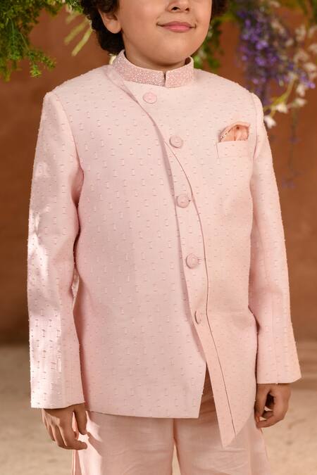 Shop_Littleens_Pink Velour, Cotton Embroidery Paz Jodhpuri And Pant Set _Online_at_Aza_Fashions