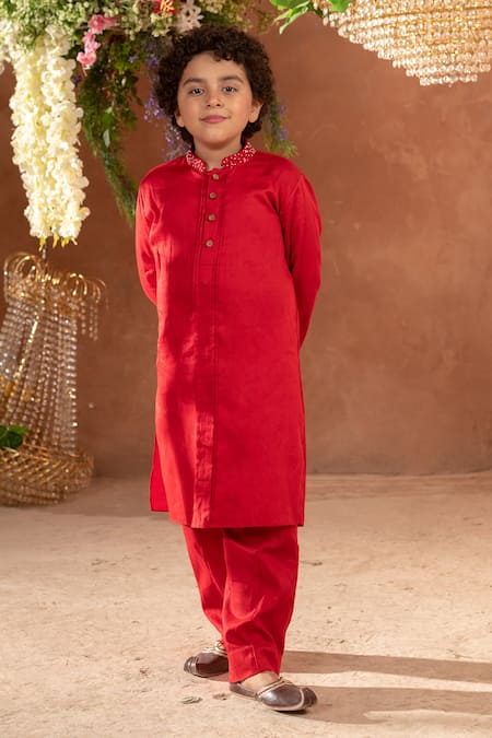 Littleens Scarlet Red Vegan Silk Kurta & Pant Set 