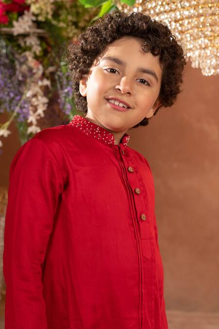 Littleens Red Velvet Sequins, Cut Work Scarlet Vegan Silk Kurta And Pant Set Online at Aza Fashions Littleens_Red Velvet Sequins, Cut Work Scarlet Vegan Silk Kurta And Pant Set _Online_at_Aza_Fashions