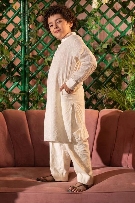 Littleens_Cream Cotton Tad Kurta And Pant Set _Online_at_Aza_Fashions