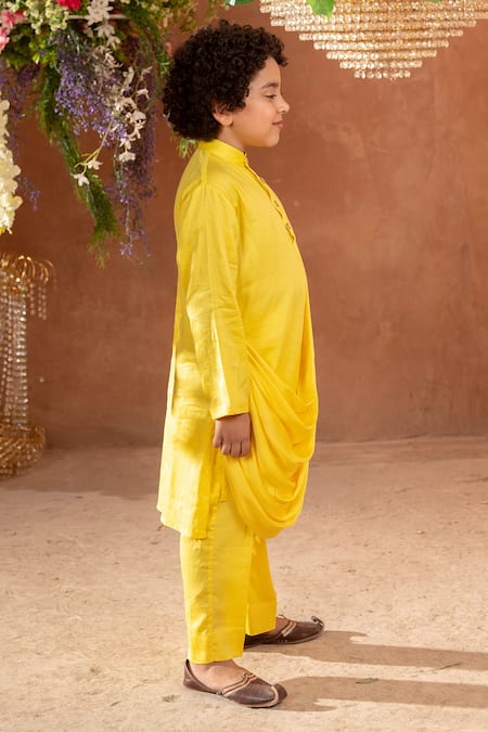 Littleens_Yellow Satin, Silk Hvar Draped Kurta And Pant Set _Online_at_Aza_Fashions