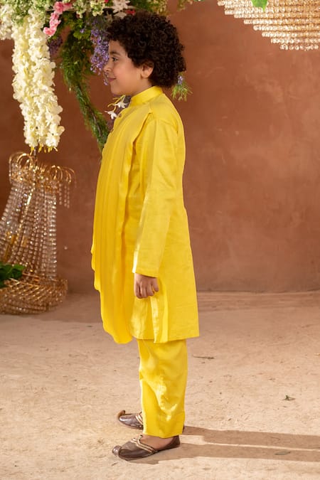 Buy_Littleens_Yellow Satin, Silk Hvar Draped Kurta And Pant Set _Online_at_Aza_Fashions