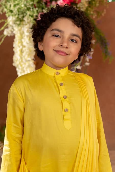Shop_Littleens_Yellow Satin, Silk Hvar Draped Kurta And Pant Set _Online_at_Aza_Fashions