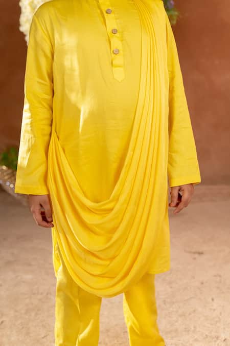 Littleens_Yellow Satin, Silk Hvar Draped Kurta And Pant Set _at_Aza_Fashions