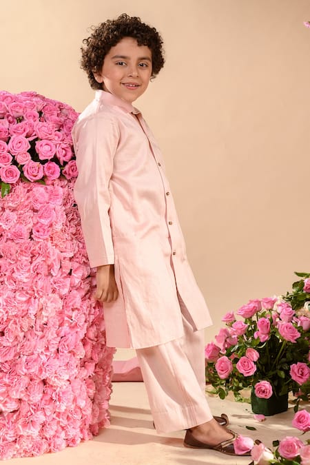 Littleens Pink Vegan Silk Kurta & Pant Set 
