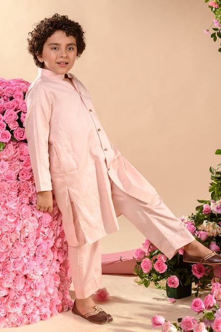 Littleens Pink Vegan Silk Kurta & Pant Set 