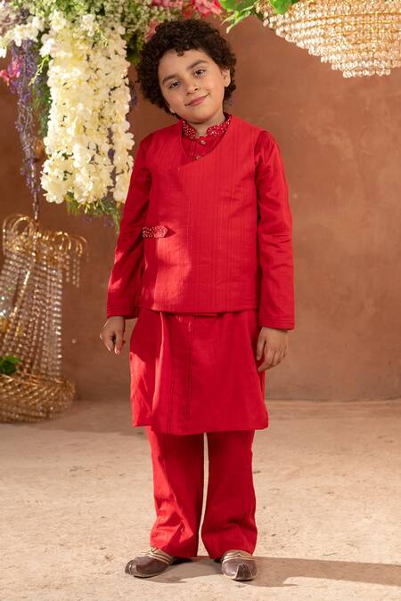 Littleens_Red Cotton, Poplin Sequins Scarlet Embroidered Bundi _Online_at_Aza_Fashions
