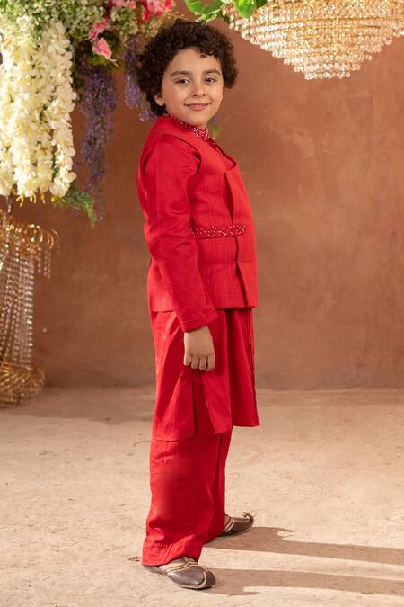 Buy_Littleens_Red Cotton, Poplin Sequins Scarlet Embroidered Bundi _Online_at_Aza_Fashions