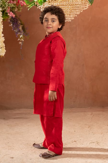 Shop_Littleens_Red Cotton, Poplin Sequins Scarlet Embroidered Bundi _Online_at_Aza_Fashions