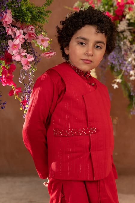 Littleens_Red Cotton, Poplin Sequins Scarlet Embroidered Bundi _at_Aza_Fashions