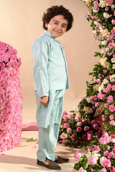 Littleens_Blue Velvet, Poplin Embroidery Celestial Thread Bundi _Online_at_Aza_Fashions