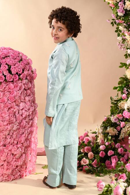 Buy_Littleens_Blue Velvet, Poplin Embroidery Celestial Thread Bundi _Online_at_Aza_Fashions