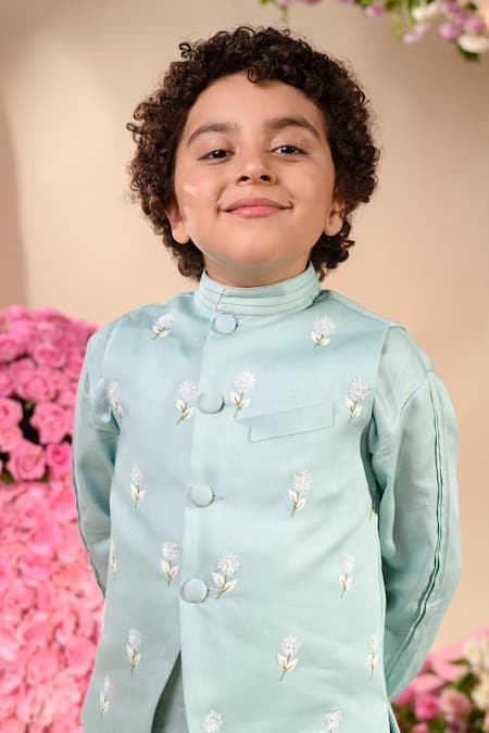 Shop_Littleens_Blue Velvet, Poplin Embroidery Celestial Thread Bundi _Online_at_Aza_Fashions